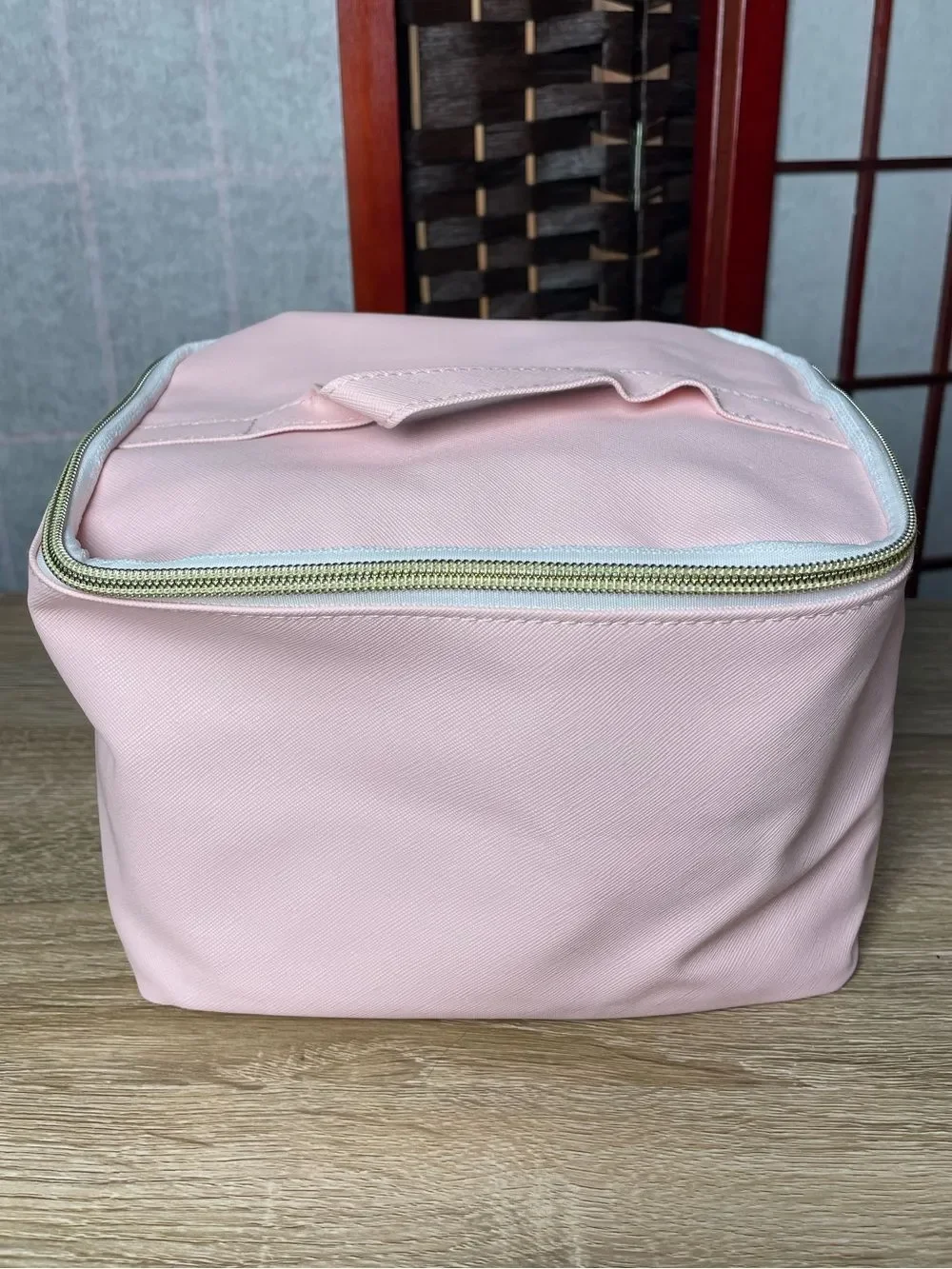 Pink Compact Travel Cosmetic Bag with Top Handle & Gold Hardware - Textured